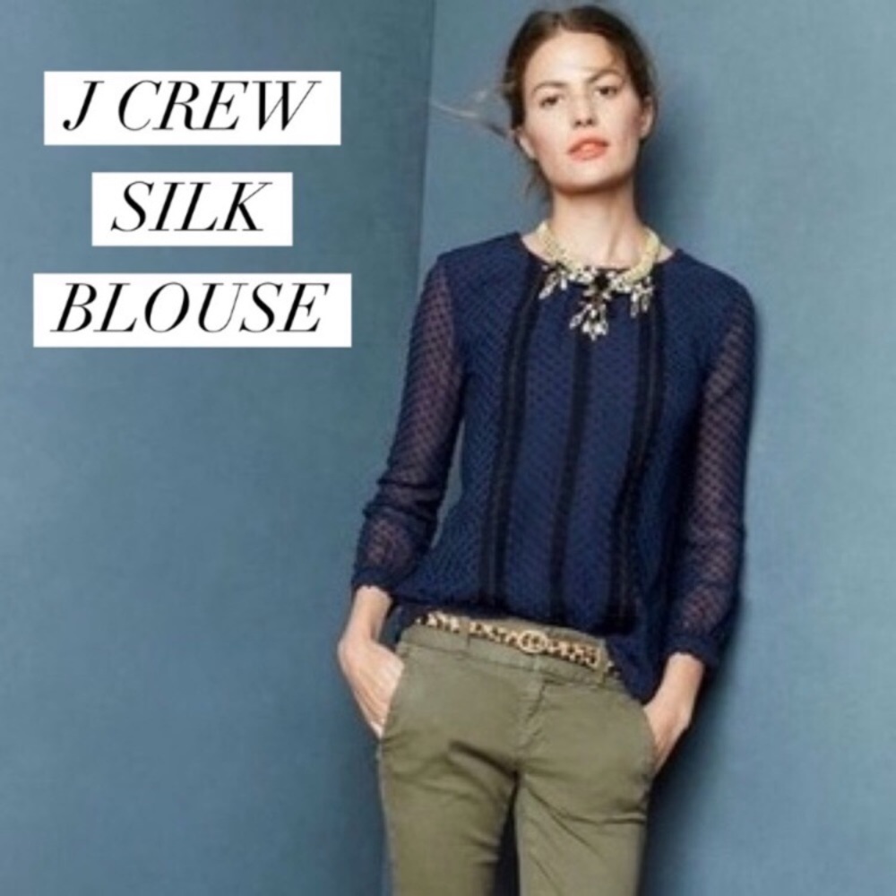 J. CREW Silk Navy Swiss Dot Blouse